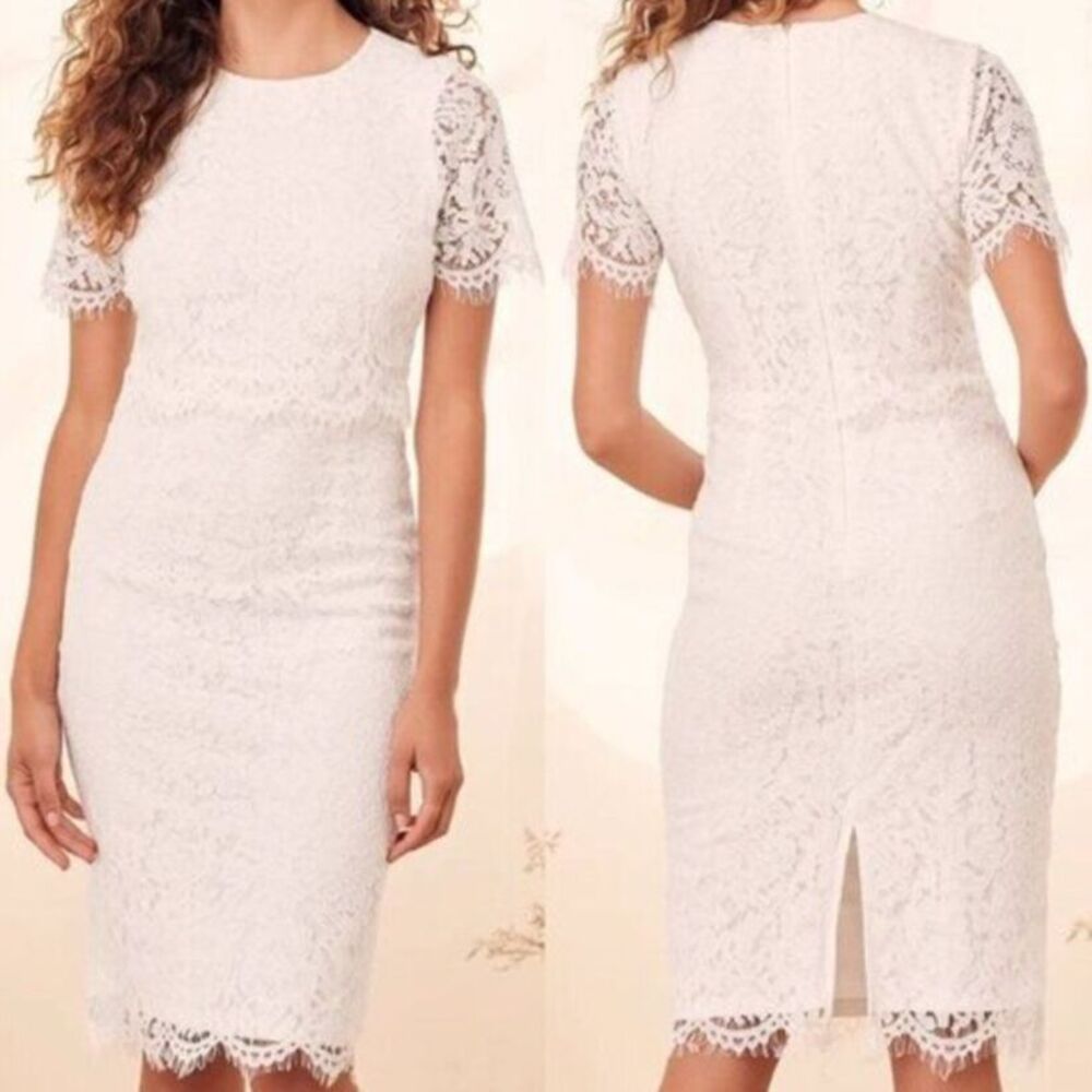 LULU's Midi Eyelash Lace Dress Chic Elegant White Bachelorette Bridal Shower